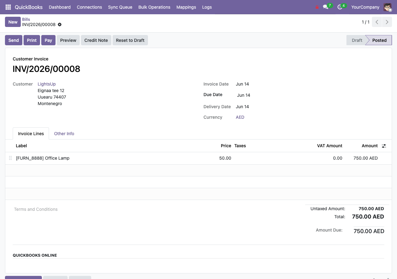 A synced invoice in QuickBooks Online
